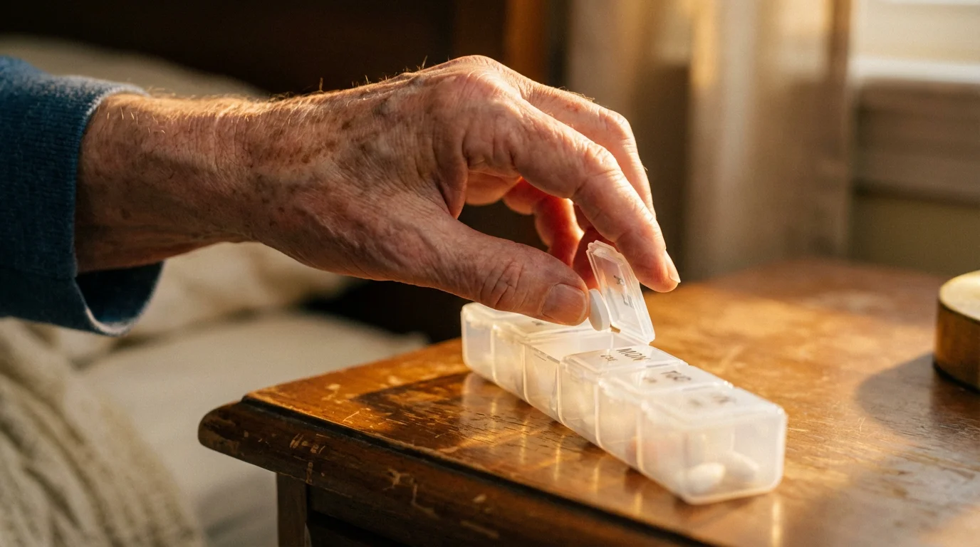 Close-up of an elderly hand organizing pills into a daily pill container during sunset.
