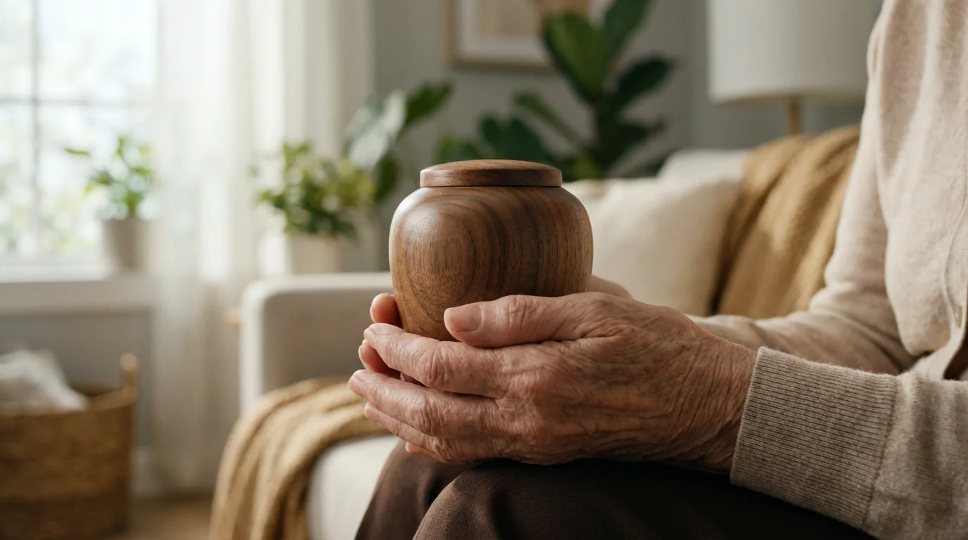Close-up of an elderly person's hands holding a small, simple wooden pet urn.