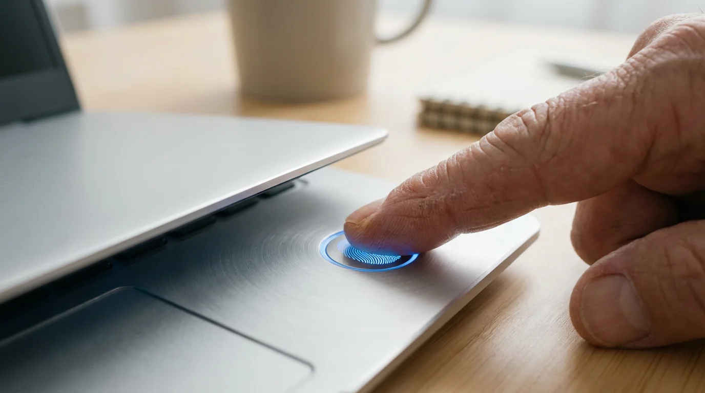 Close-up of an older person's finger using a fingerprint scanner on a laptop.
