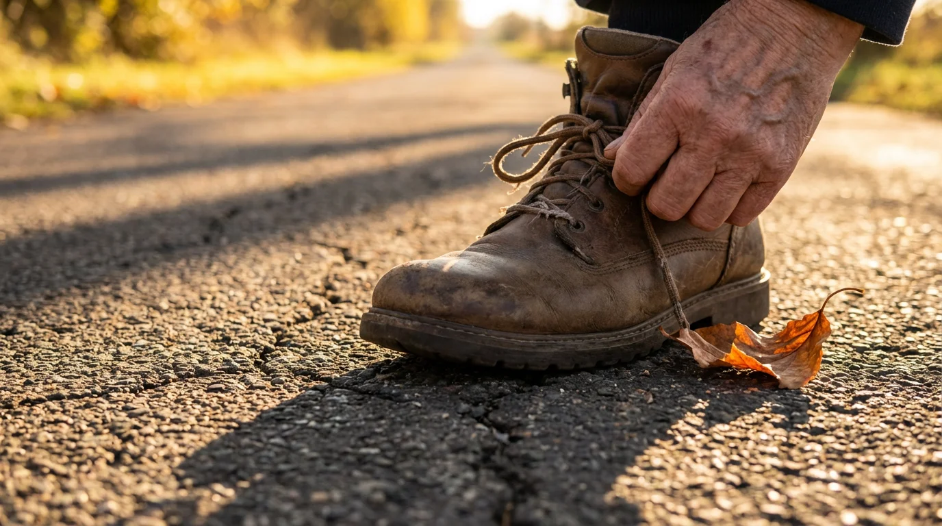 Close-up of an older person's hand re-tying the lace on a walking shoe.