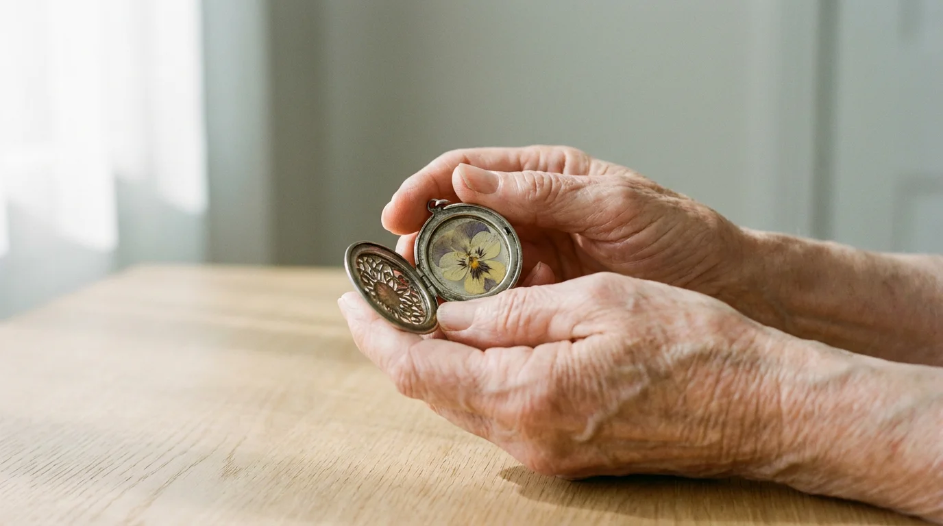 Close-up of an older person's hands holding an antique silver locket containing a pressed flower.