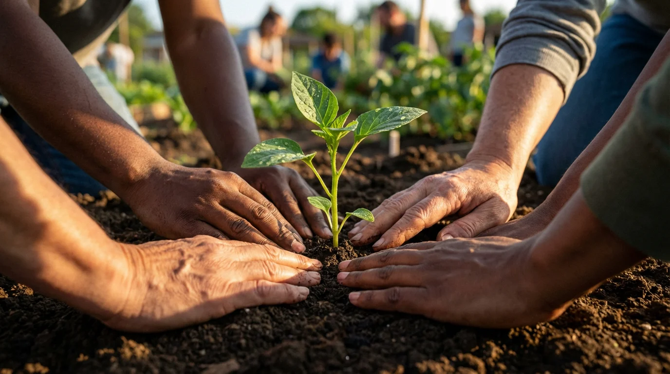Close-up of diverse hands planting a small green seedling in a community garden.