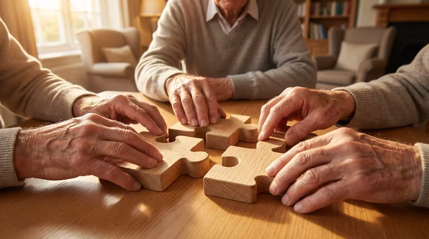 Close-up of diverse senior hands joining large wooden puzzle pieces on a table.