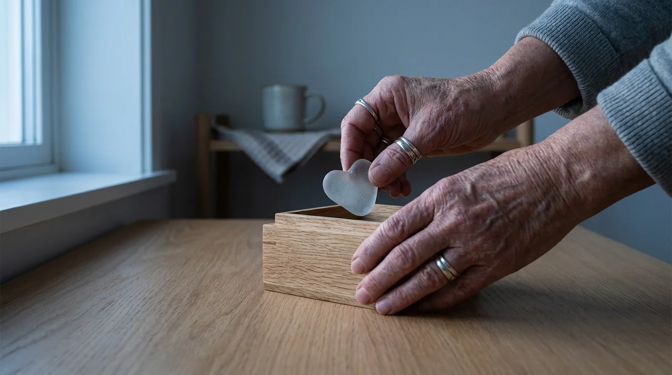 Close-up of elderly hands placing a small, cherished sea glass pebble into a wooden box.
