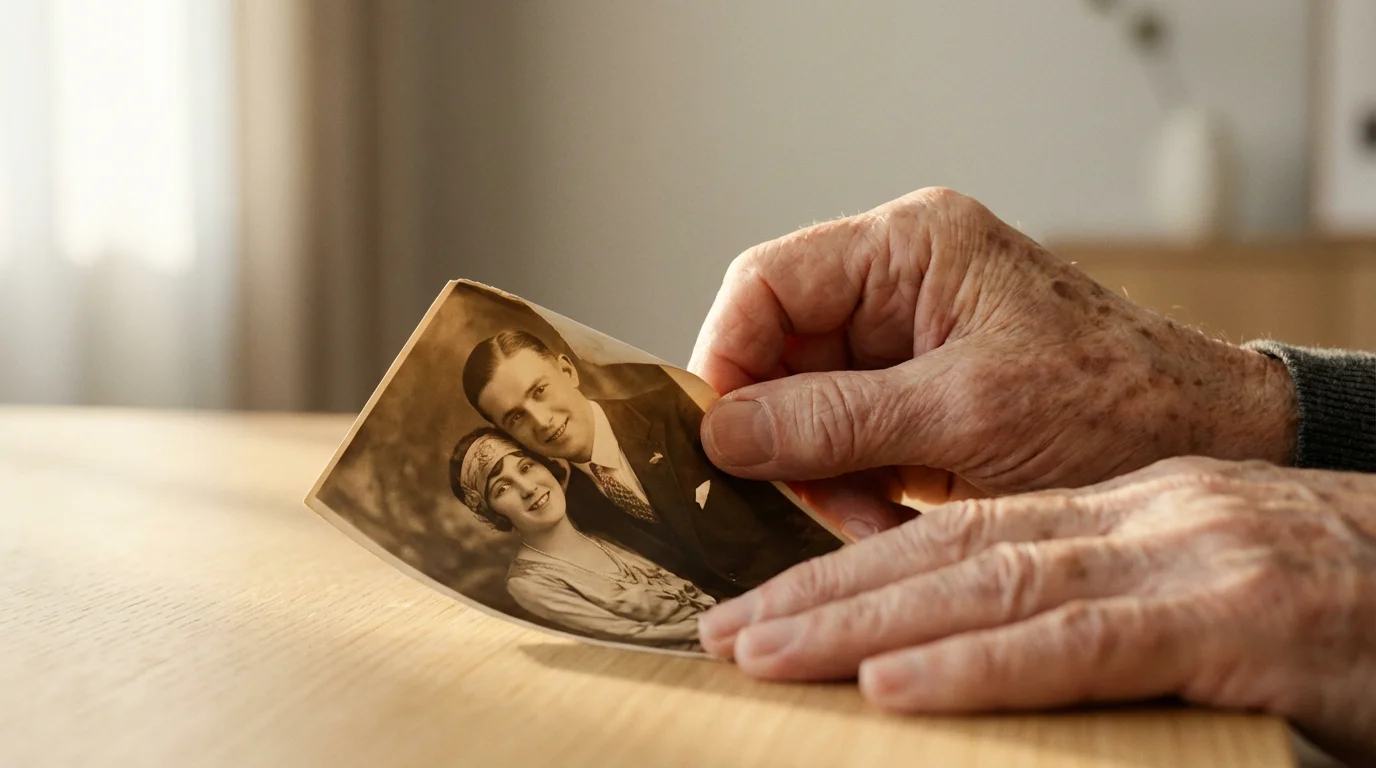 Close-up of elderly hands tenderly holding a small, vintage sepia photograph of a couple.