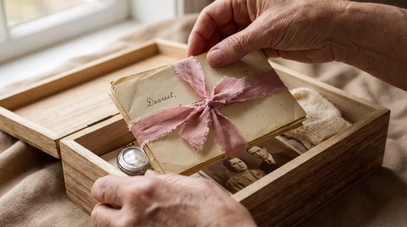 Close-up of hands sorting through a wooden memory box filled with sentimental letters and trinkets.