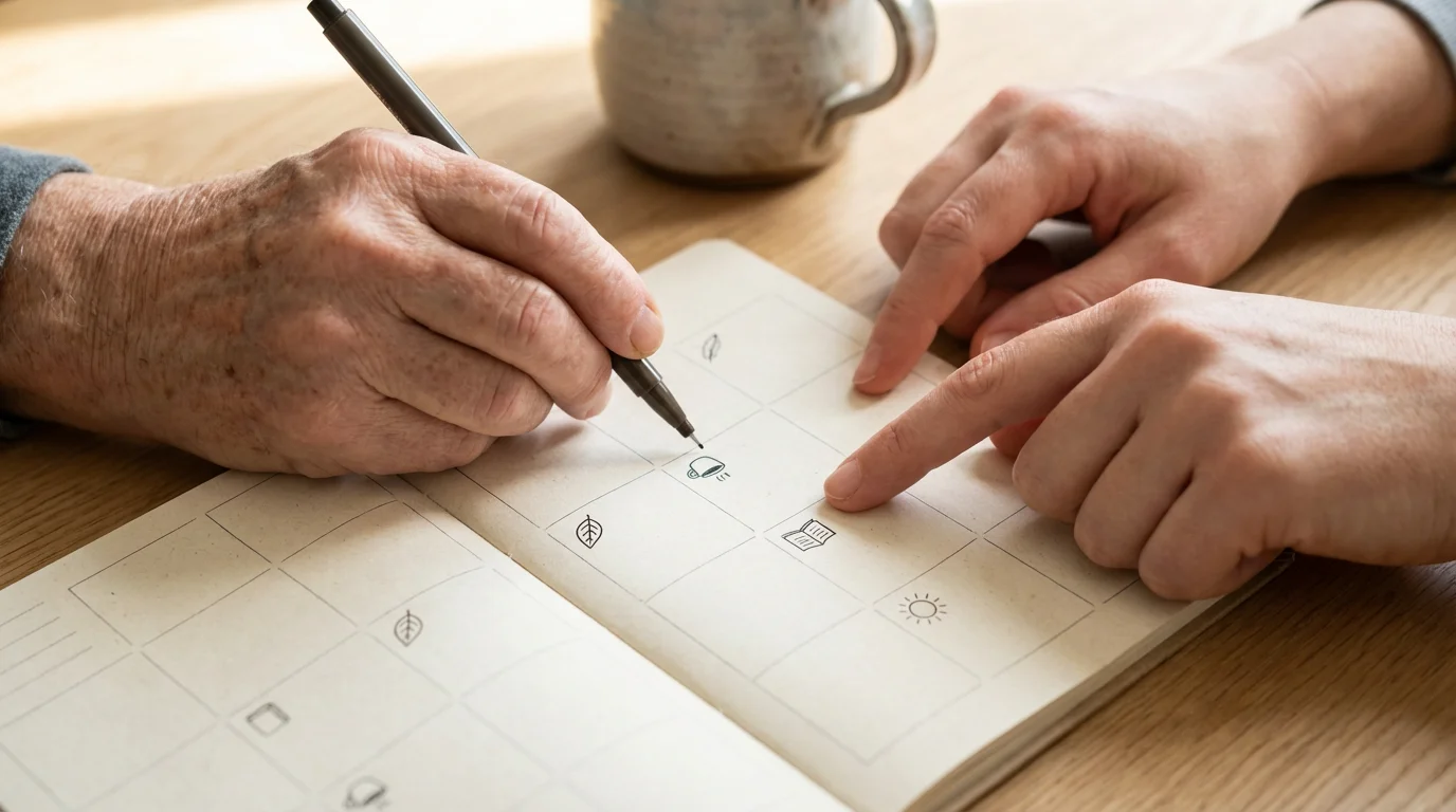 Close-up of older and younger hands collaboratively planning activities on a blank calendar.