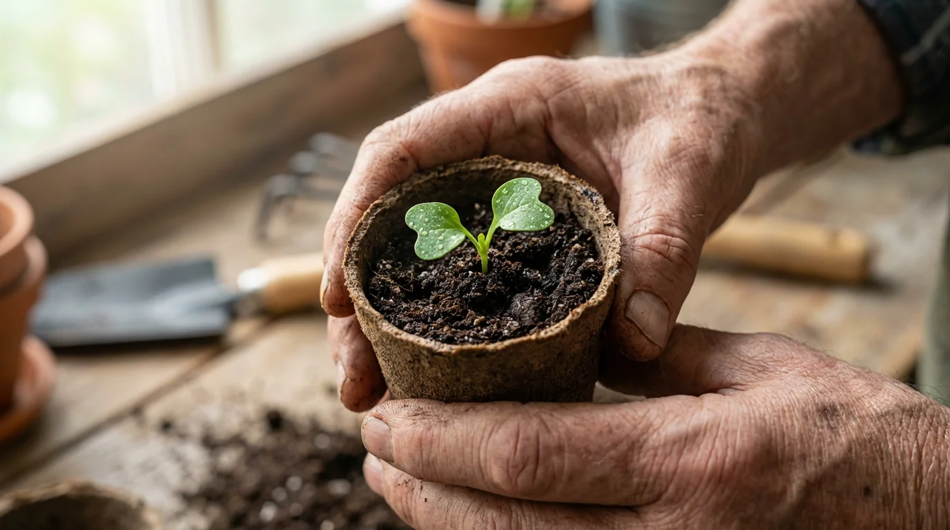 Close-up of senior hands carefully holding a tiny, new seedling in a pot.