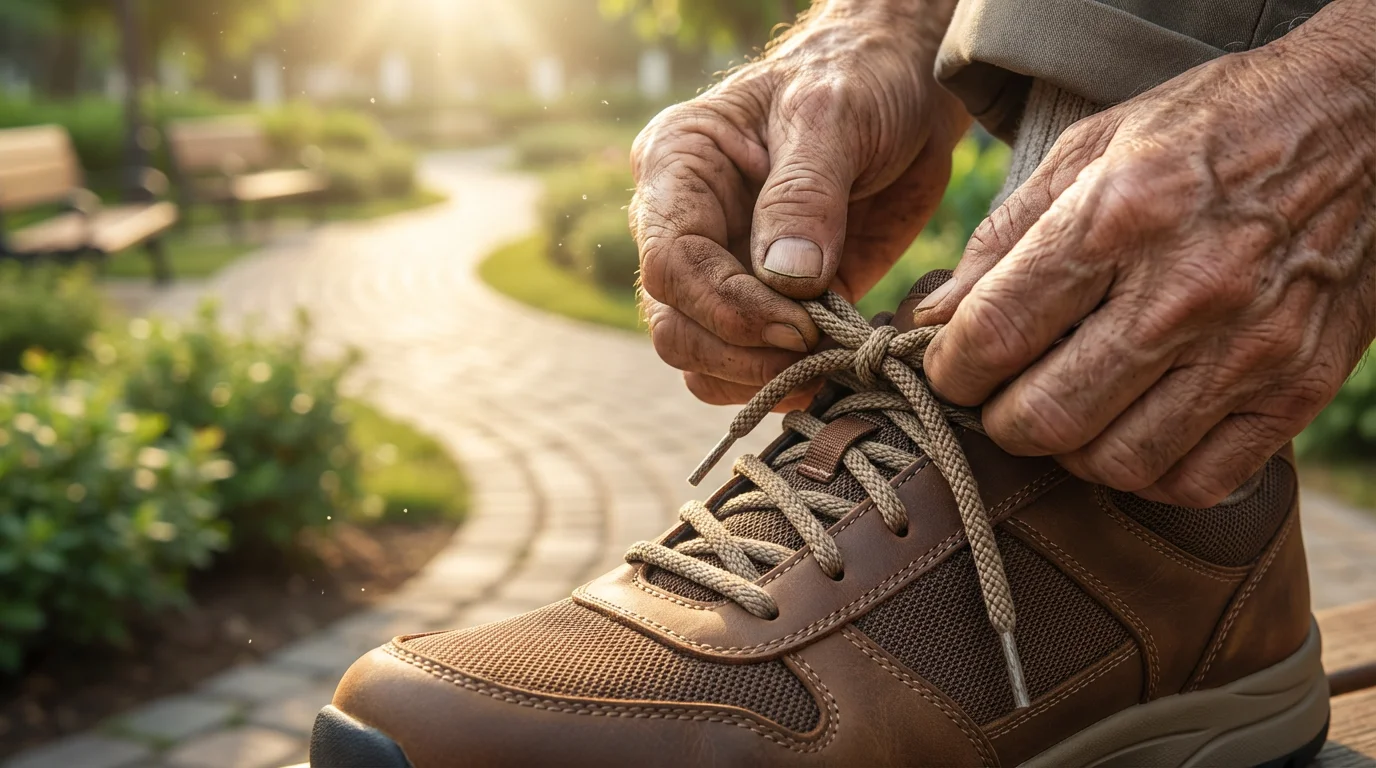Close-up of senior hands tying the laces on a new walking shoe outdoors.