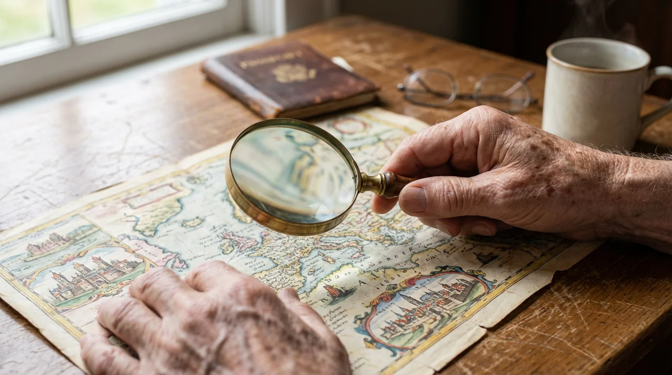 Close-up of senior hands with a magnifying glass carefully planning a trip on a map.