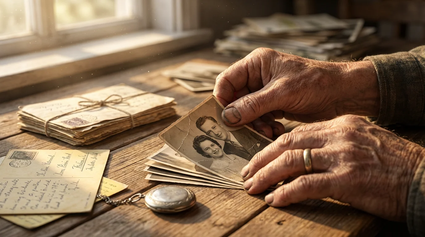Close-up of senior's hands sorting old photographs and letters on a wooden table.