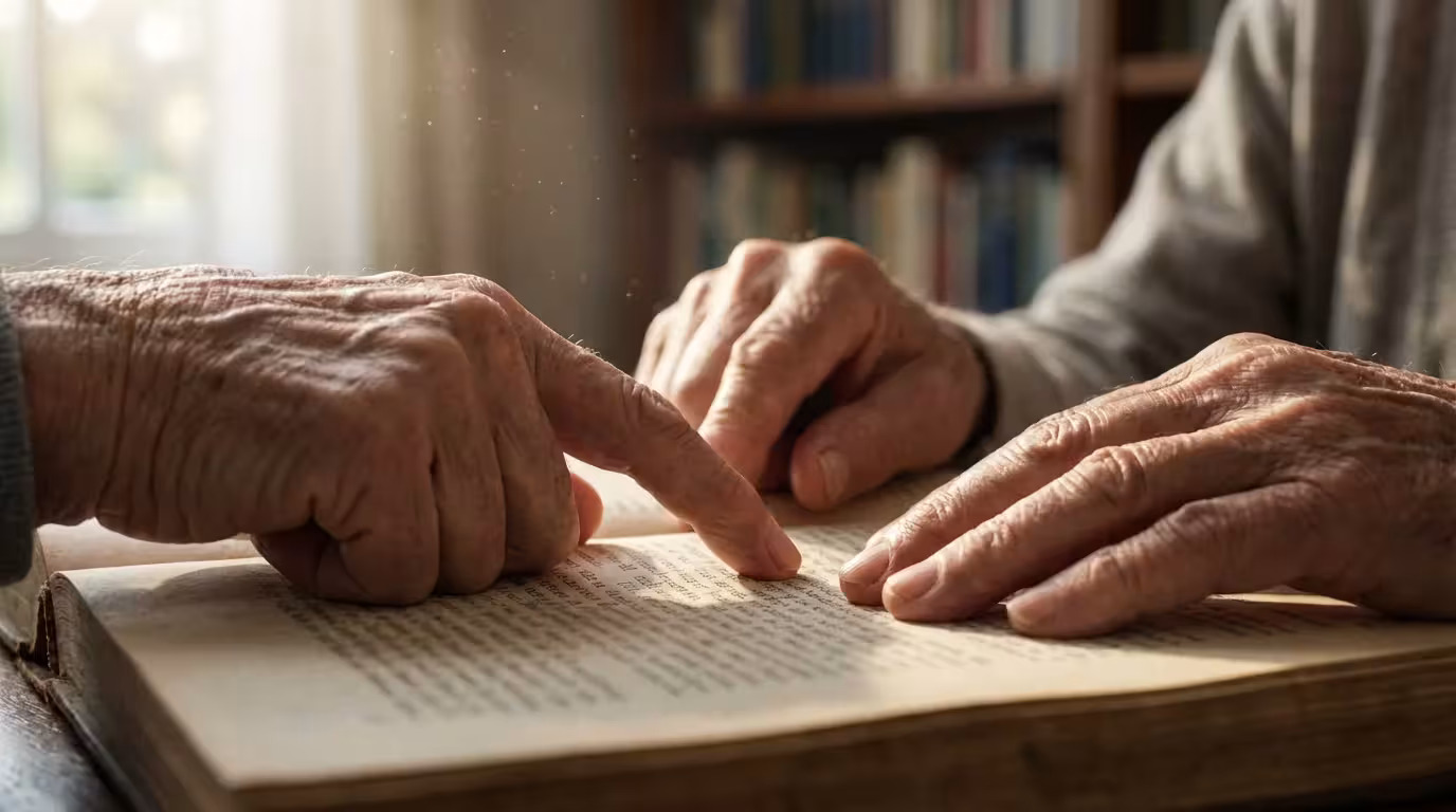 Close-up of two seniors' hands resting on an open book in a sunlit library.