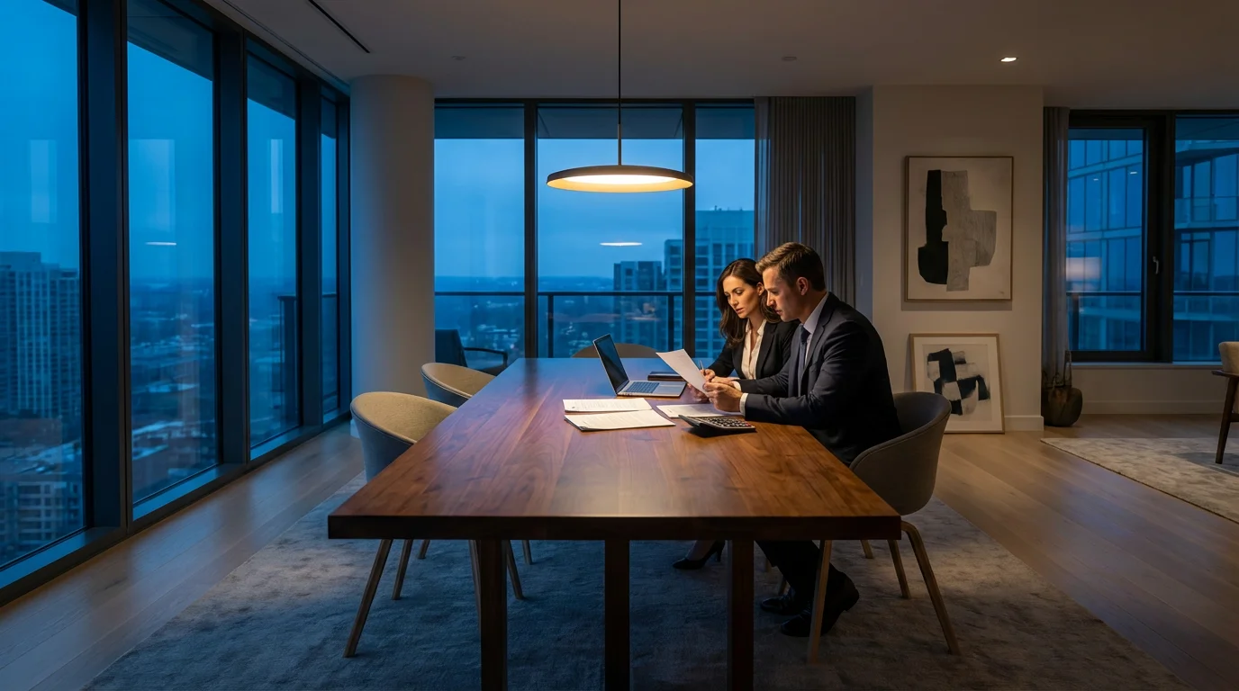 Couple at a dining table at dusk reviewing financial documents for a home sale.