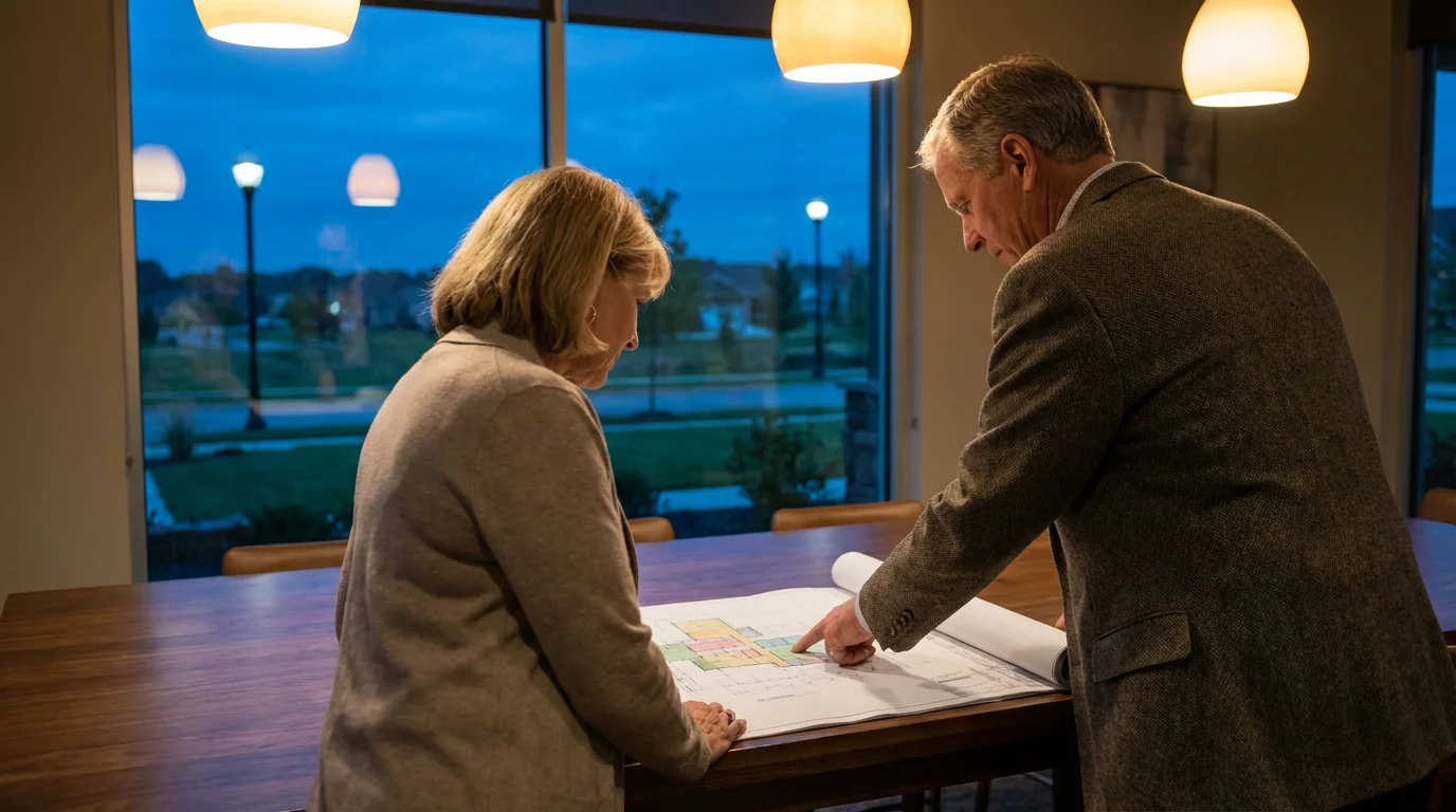 Couple in their late 50s thoughtfully reviewing community plans during the blue hour.