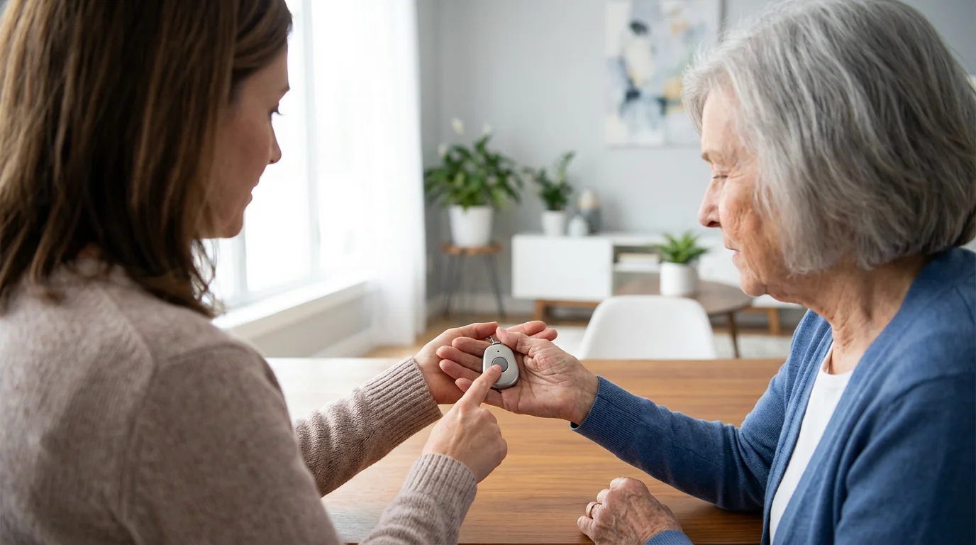 Daughter showing her senior mother how to use a personal emergency alert device at home.