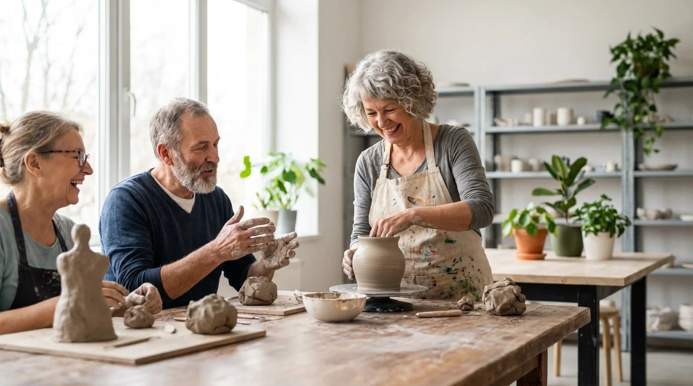 Diverse group of seniors enjoying a pottery class in a modern, sunlit community space.