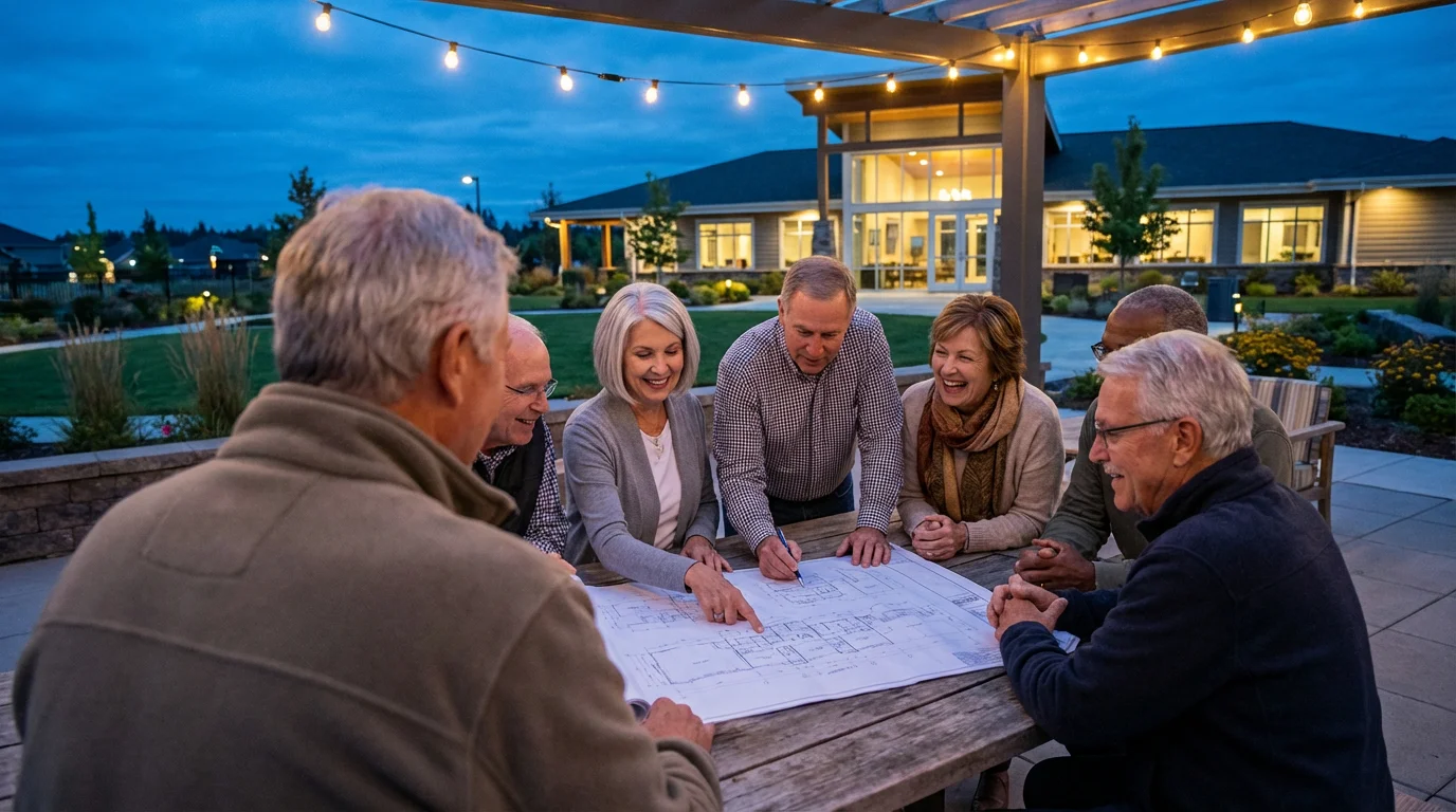 Diverse group of seniors planning a community project on a patio at dusk.