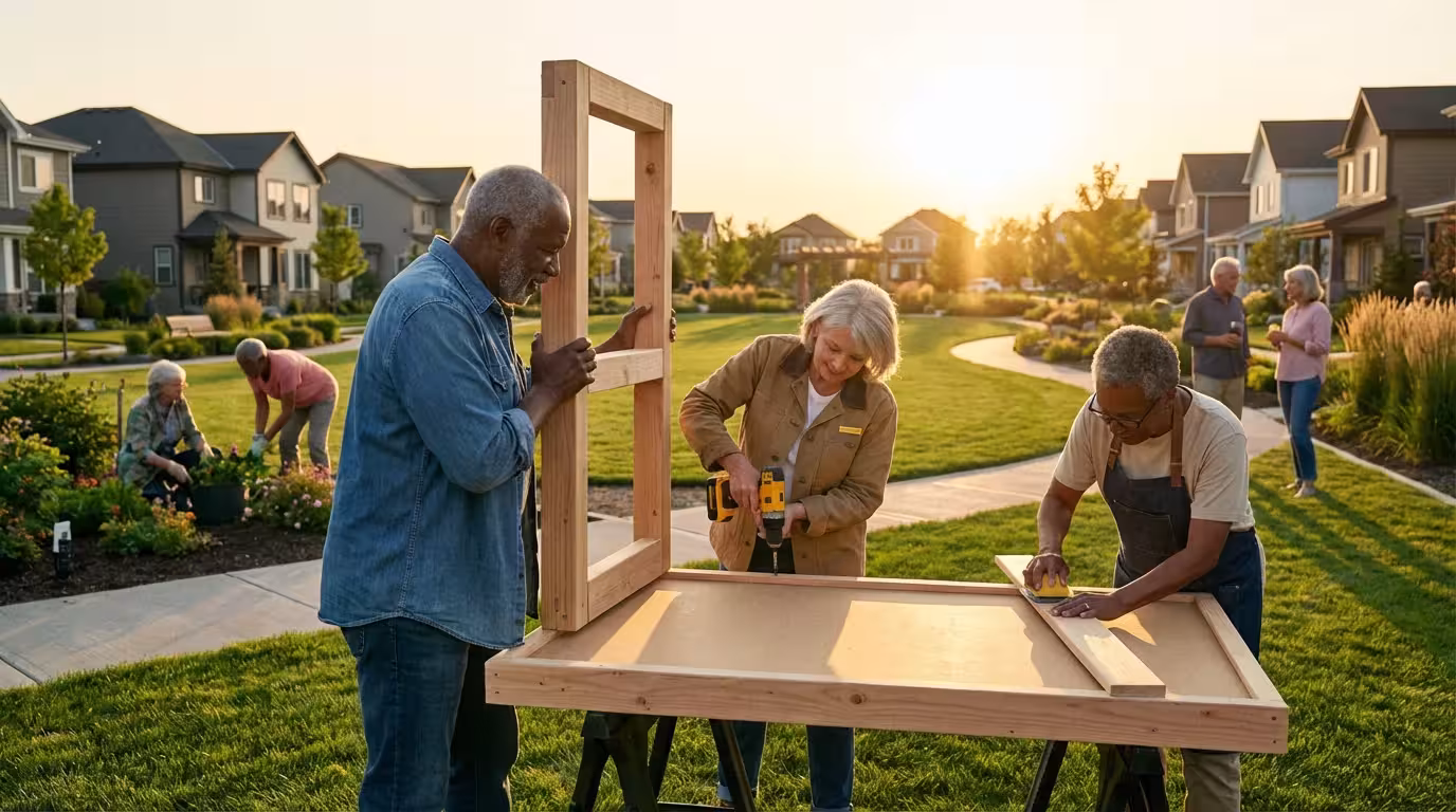 Diverse residents building a community bulletin board together in a park at sunset.