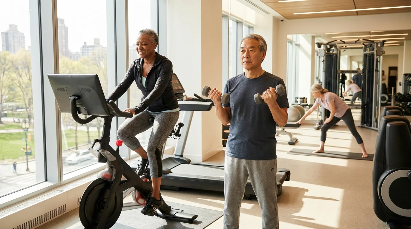 Diverse seniors exercising with bikes and weights in a bright, modern fitness center.