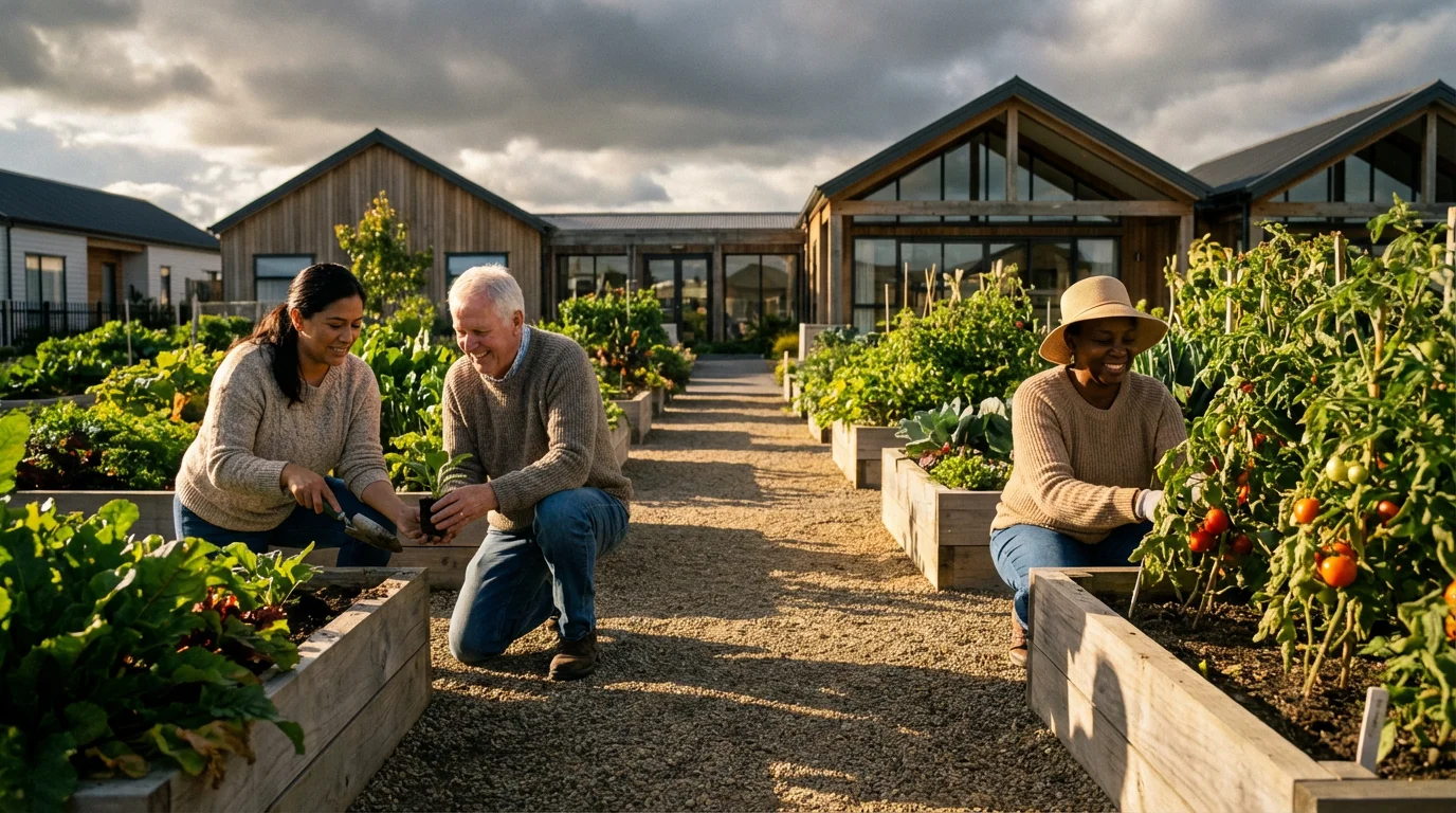 Diverse seniors gardening together in a modern retirement community garden during a sunny afternoon.