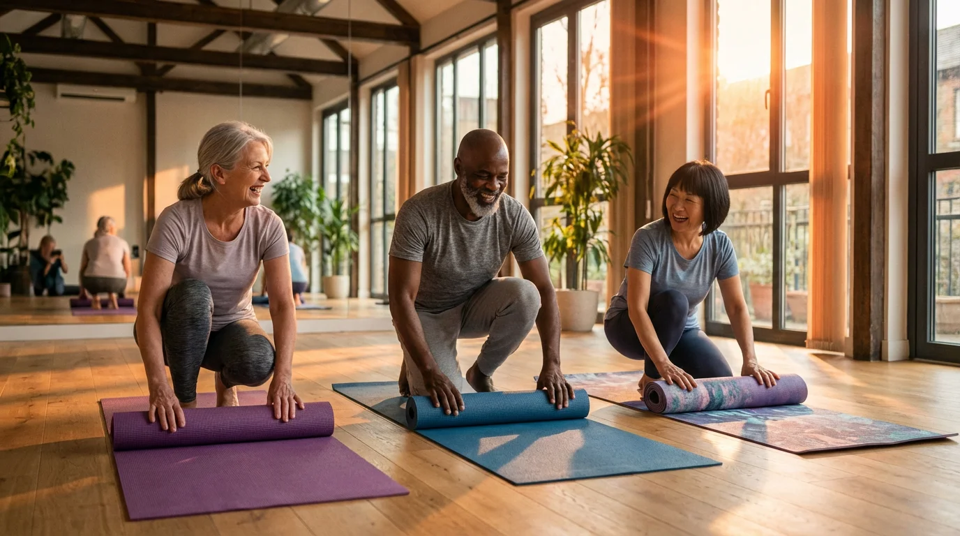 Diverse seniors laughing together after a yoga class in a sunlit studio.