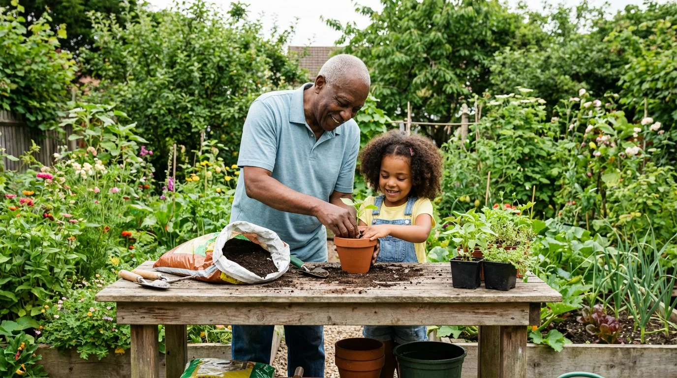 Elderly Black grandfather and young granddaughter potting a plant together in a lush garden.