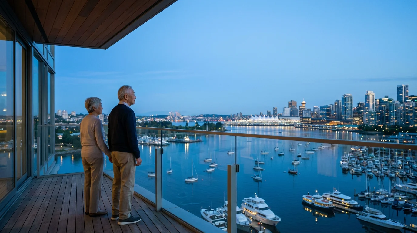 Elderly couple on a balcony at twilight overlooking a busy harbor with many boats.