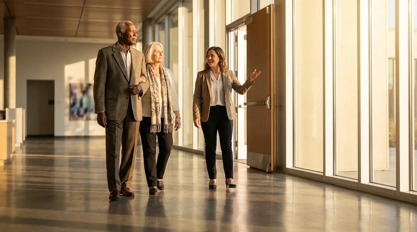 Elderly couple tours a modern senior living facility with a guide during the afternoon.