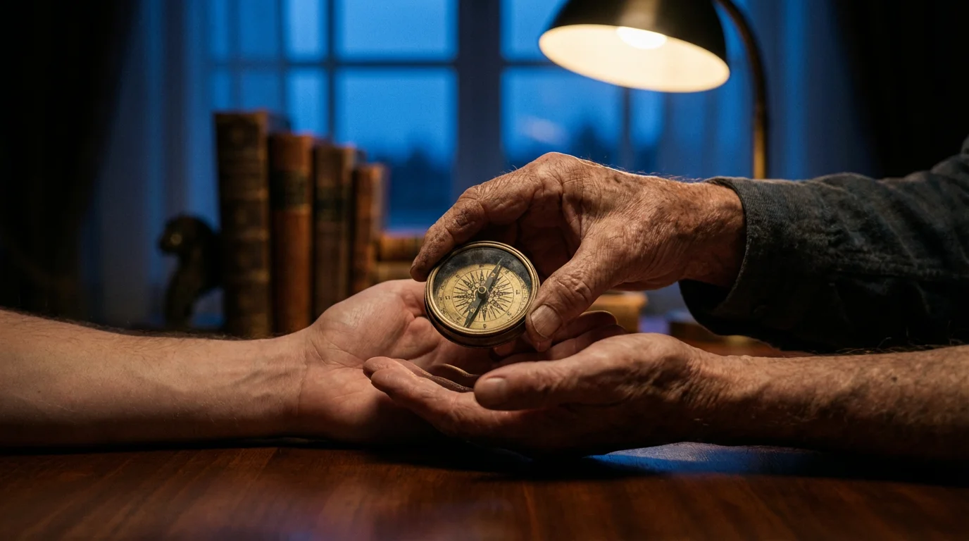 Elderly hand giving a vintage brass compass to a younger person's open hands.