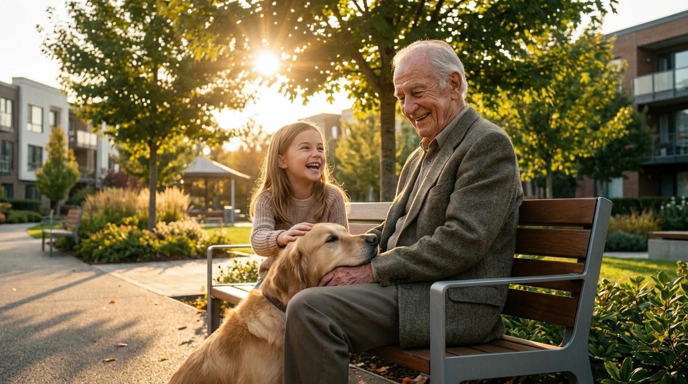 Elderly man, a young girl, and a golden retriever share a happy moment on a bench.