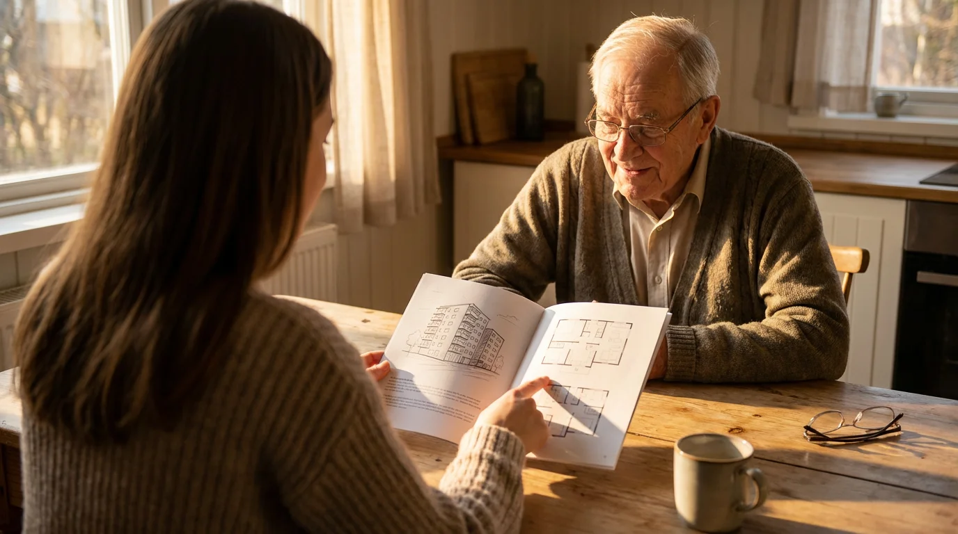 Elderly man and a younger woman reviewing a housing brochure at a table during sunset.