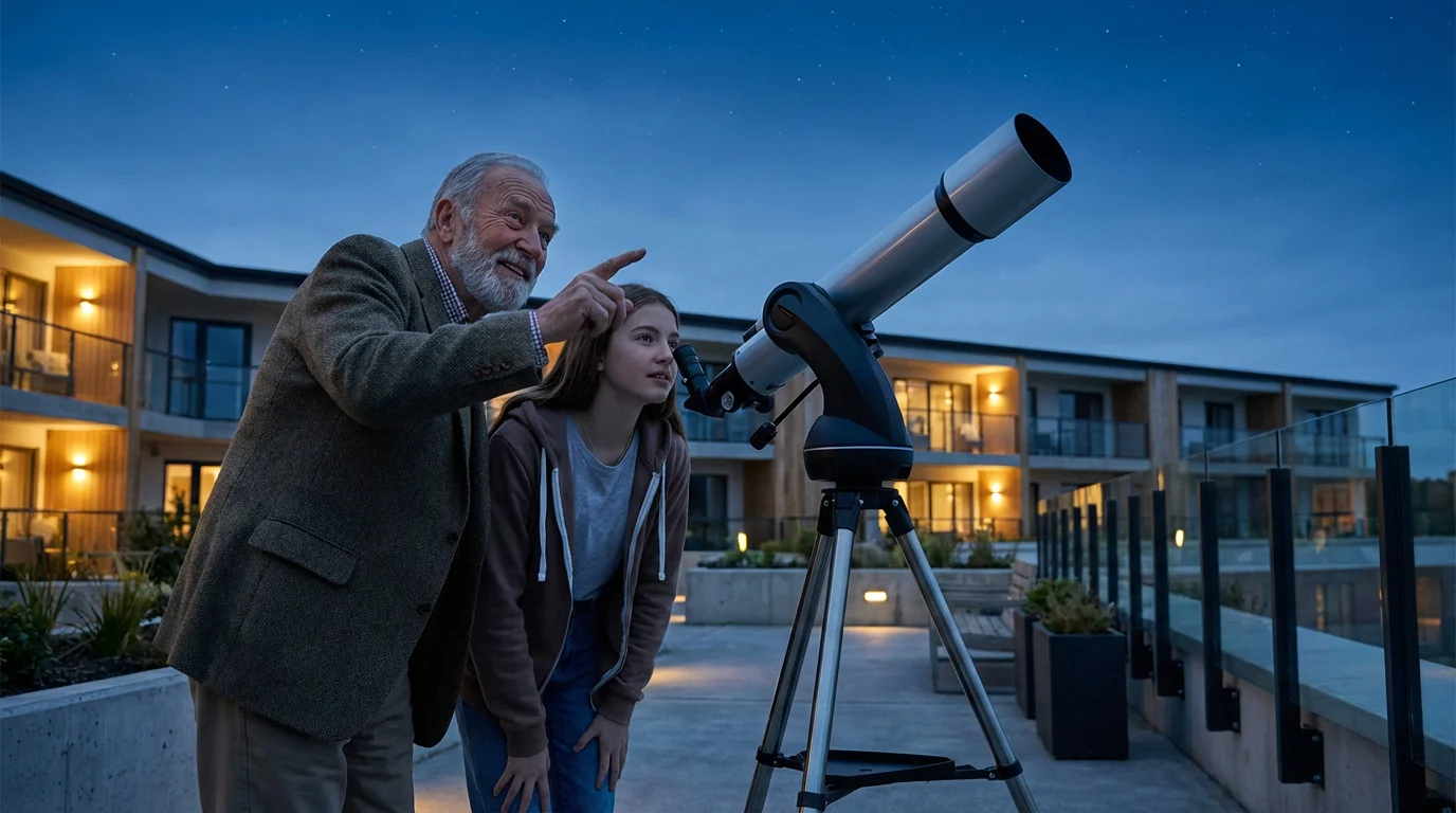 Elderly man and teenage girl stargazing with a telescope on a modern patio.