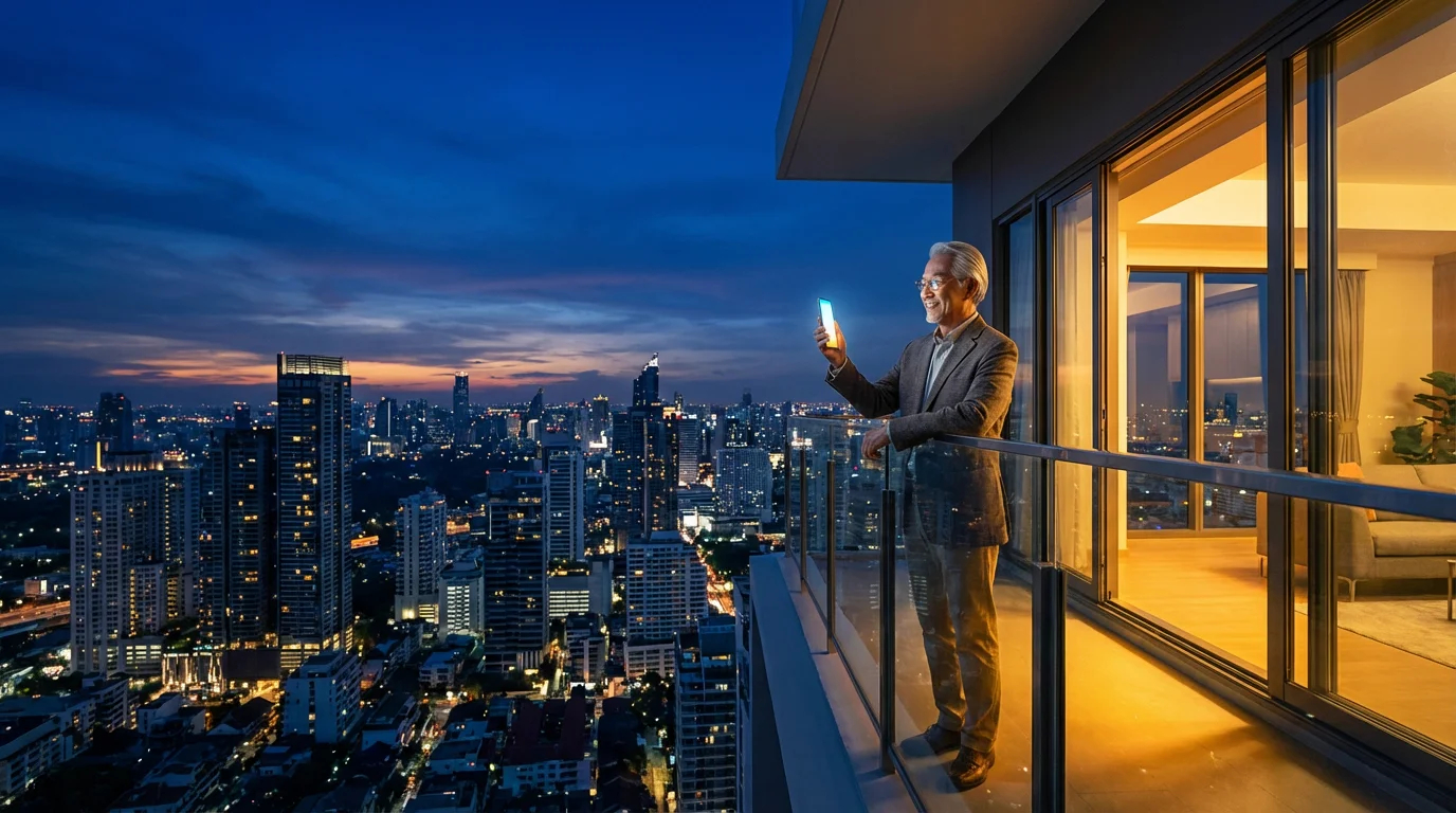 Elderly man on a city balcony at dusk, video calling on his smartphone.