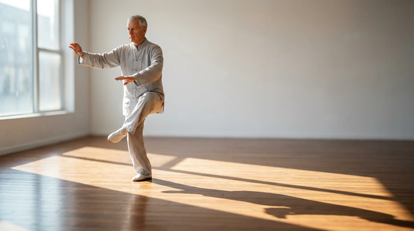 Elderly man practicing a single-leg Tai Chi balance pose in a sunlit studio.