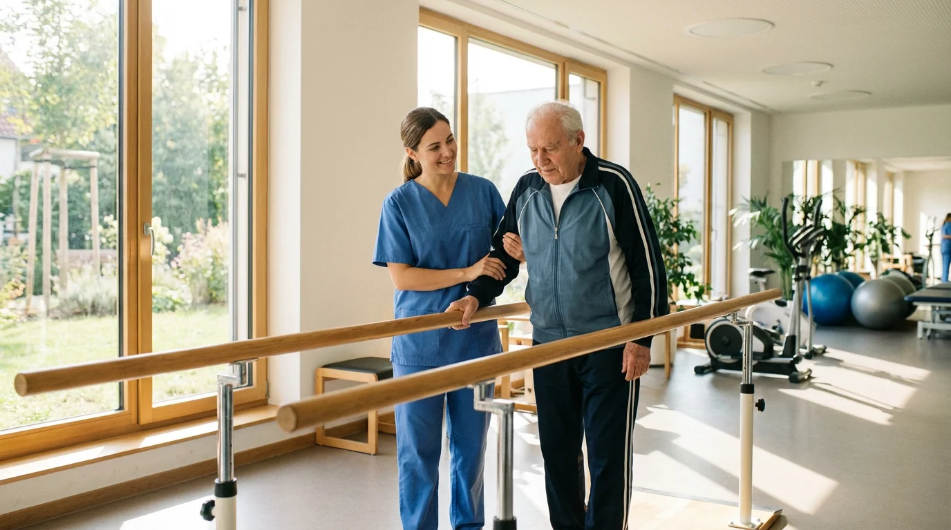 Elderly man receiving physical therapy from a female therapist in a sunlit nursing home gym.