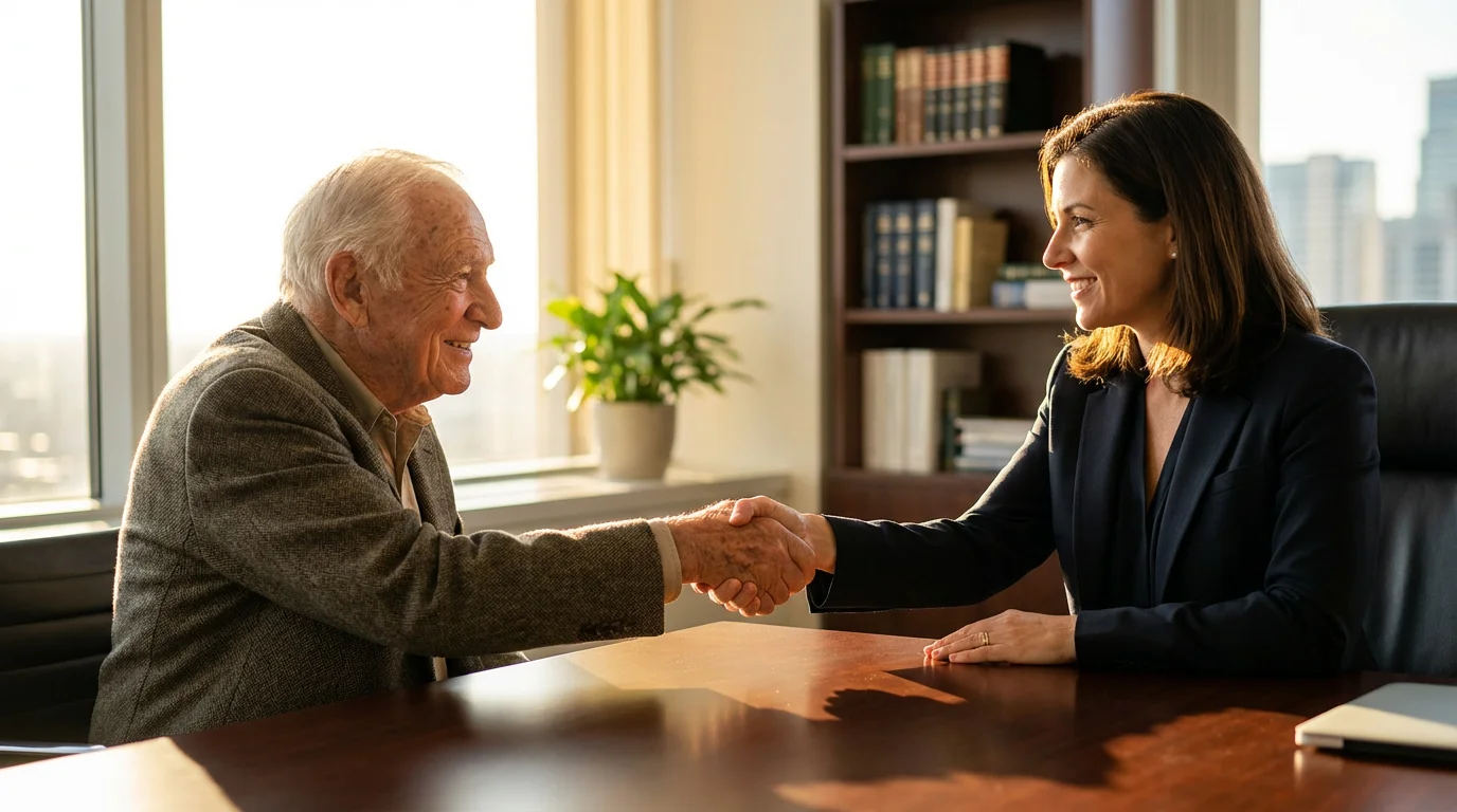 Elderly man shaking hands with a female lawyer in a sunlit modern office.