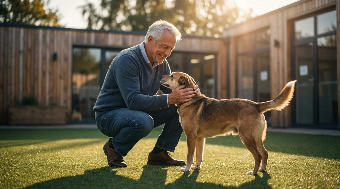 Elderly man volunteering, smiling and petting a happy rescue dog at an animal shelter.