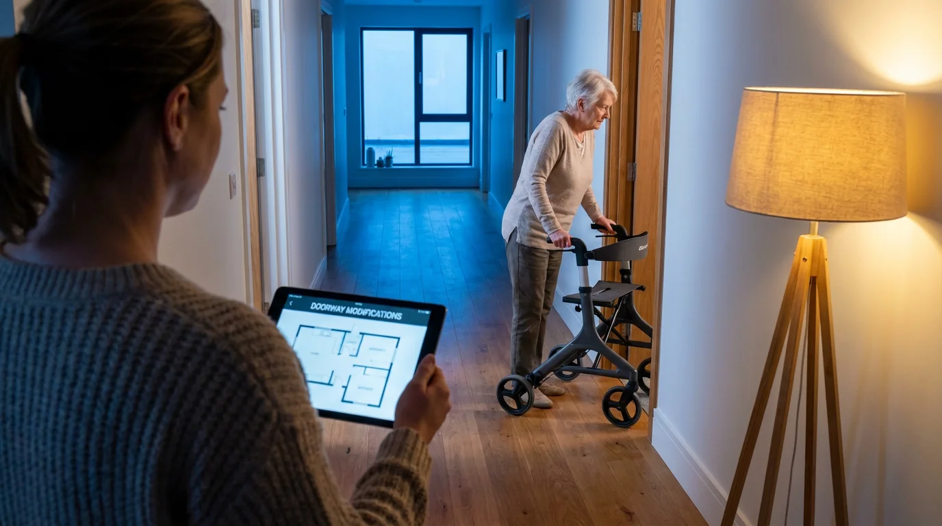Elderly mother and adult daughter assessing a doorway in a home for accessibility.