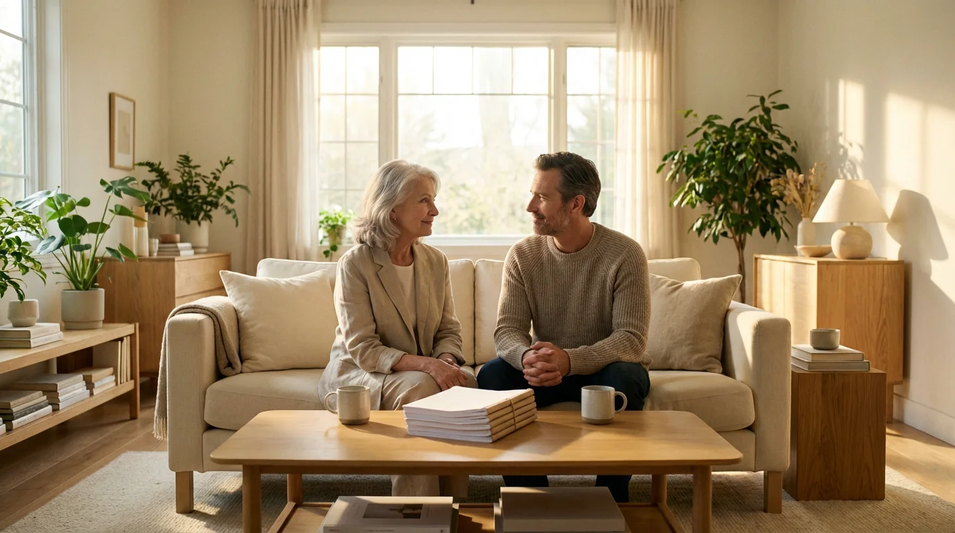 Elderly mother and adult son discuss planning documents in a bright, modern living room.
