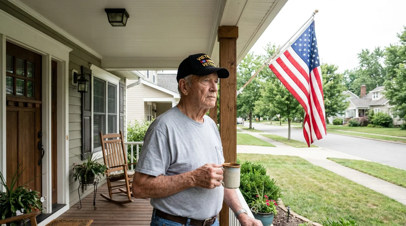 Elderly veteran standing on a front porch with an American flag, looking out thoughtfully.