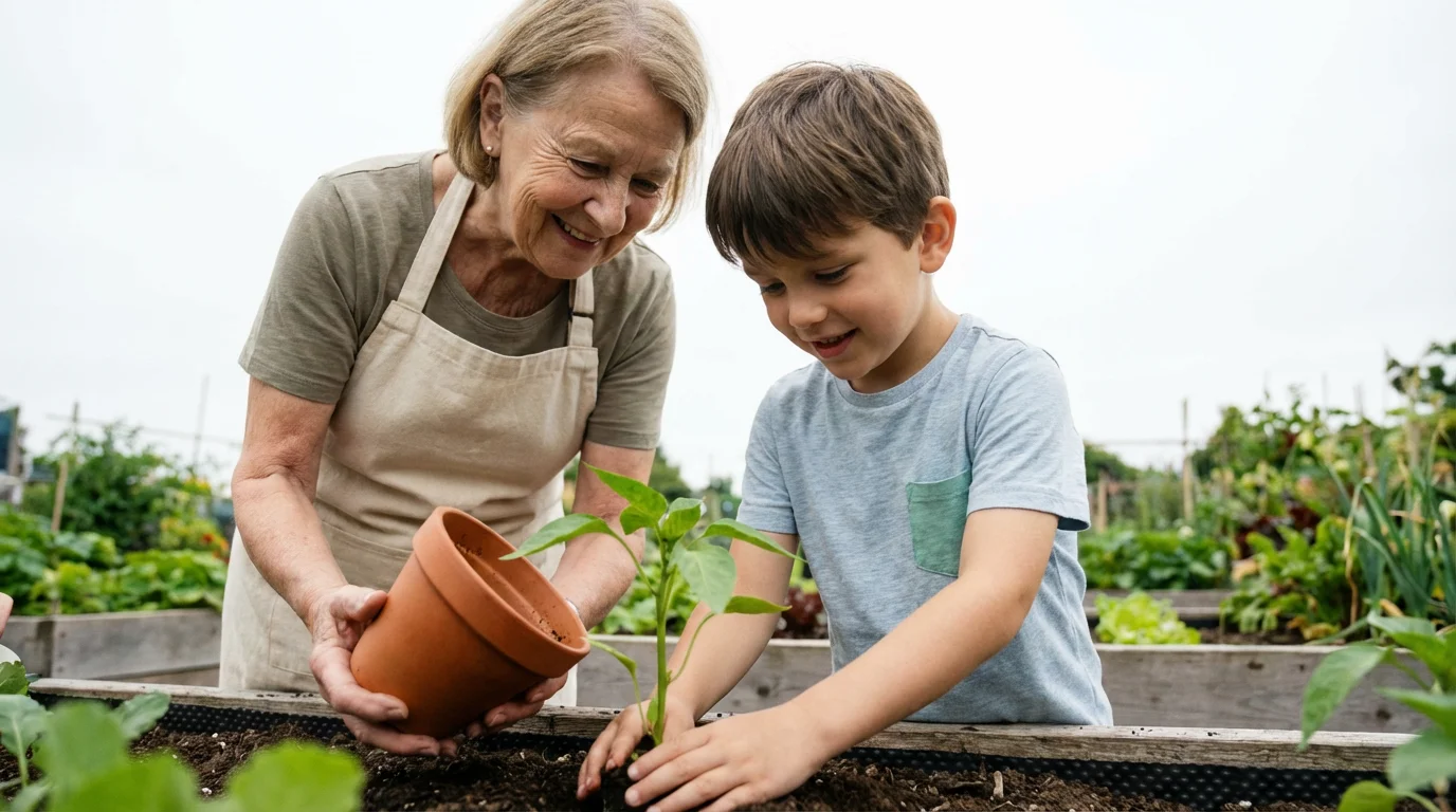 Elderly woman and a young boy planting a seedling together in a community garden.