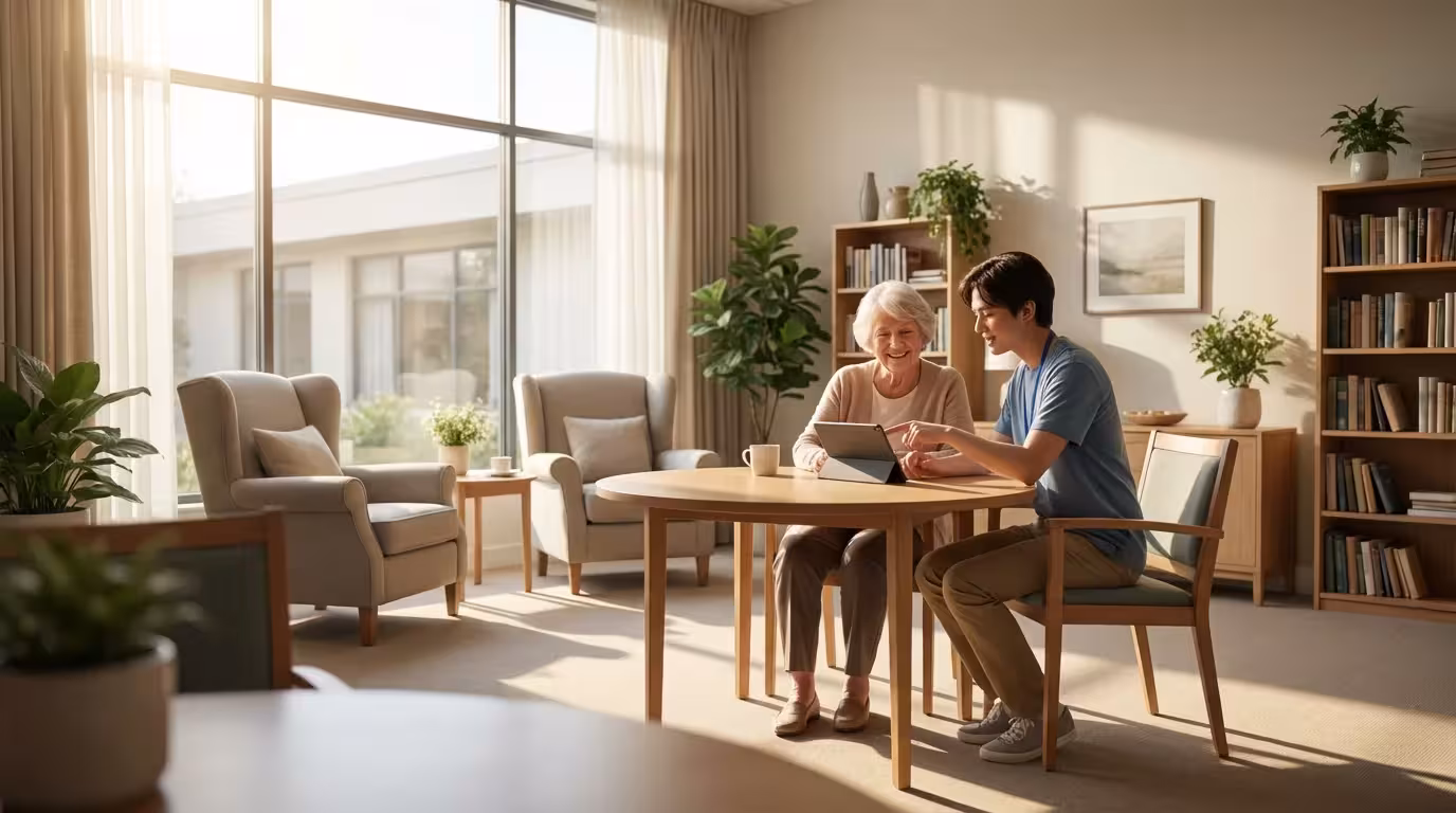 Elderly woman and a young volunteer use a tablet in a sunny community lounge.