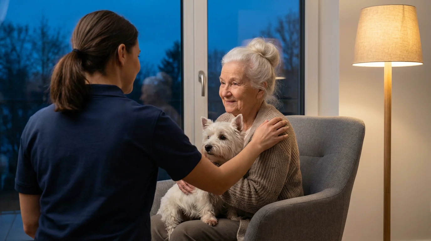 Elderly woman cuddling her small white dog in an assisted living apartment at twilight.