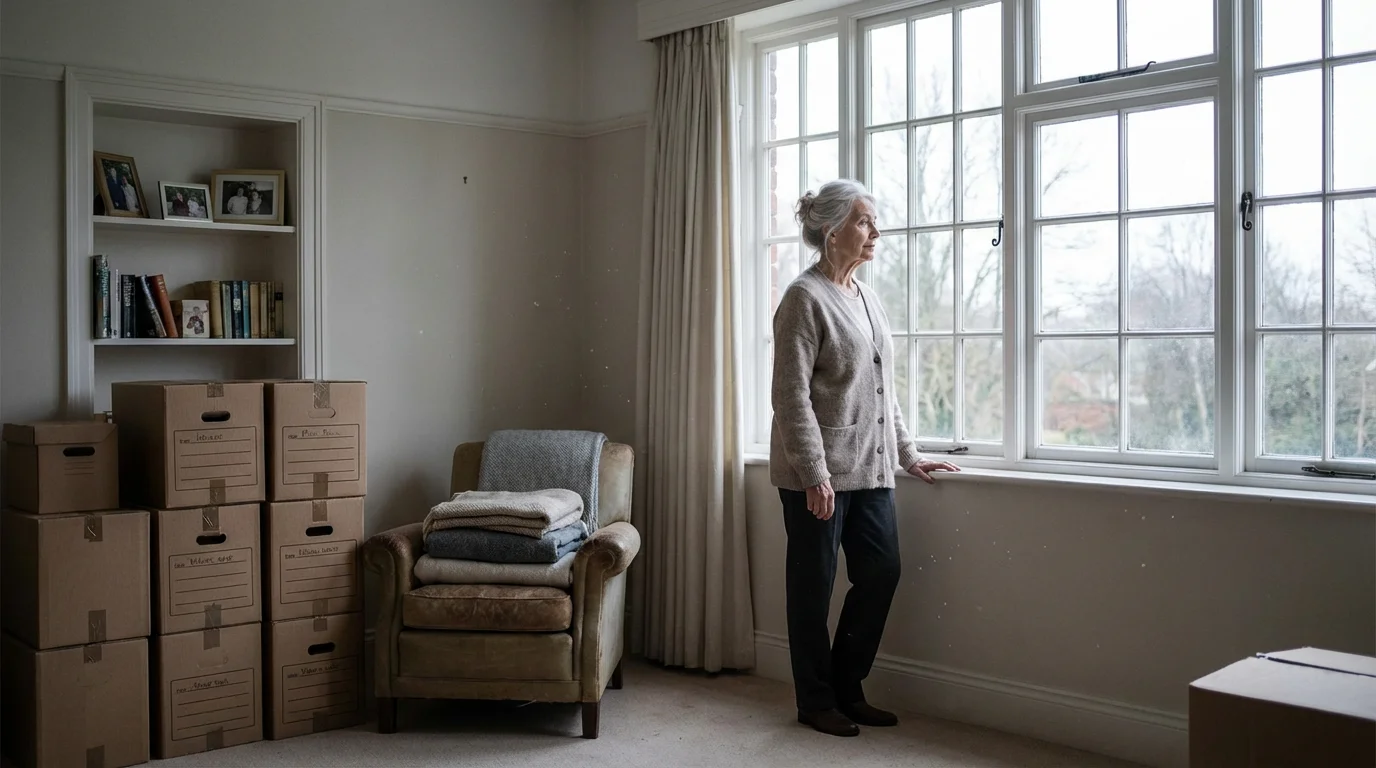 Elderly woman thoughtfully looking out a window in a room with packed moving boxes.