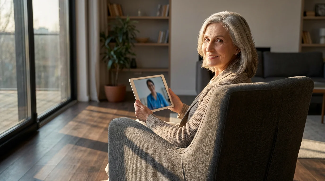 Elderly woman uses a tablet for a telehealth video call in her modern apartment.