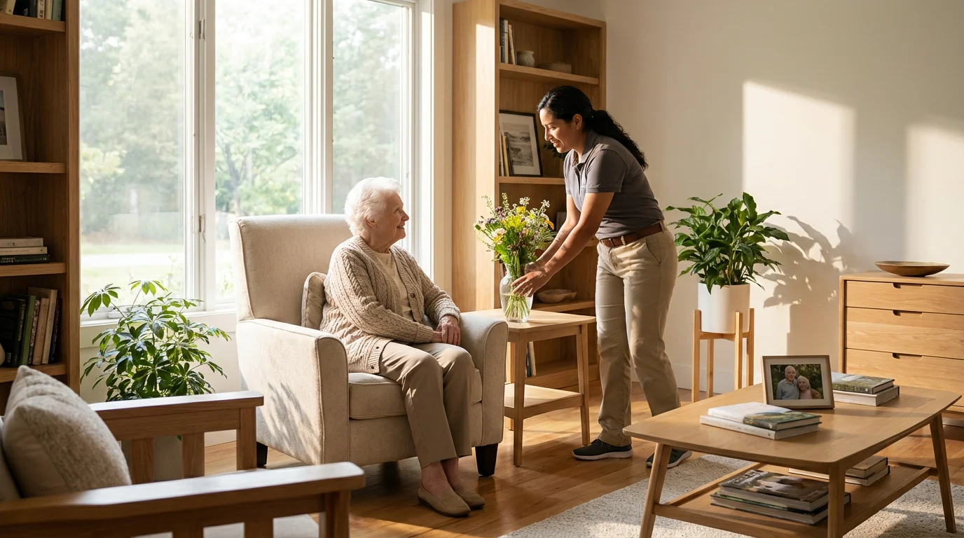 Elderly woman with a professional caregiver in a bright, sunlit modern living room.