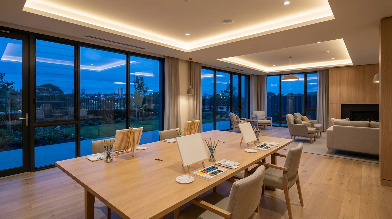 Empty art therapy room in a memory care facility at dusk.