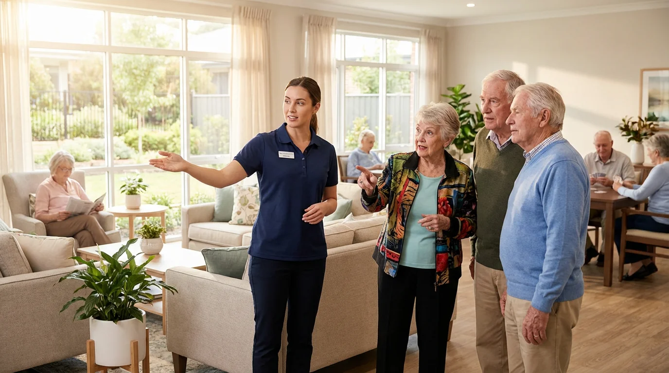 Engaged seniors on a guided tour of a bright, modern continuing care retirement community lounge.
