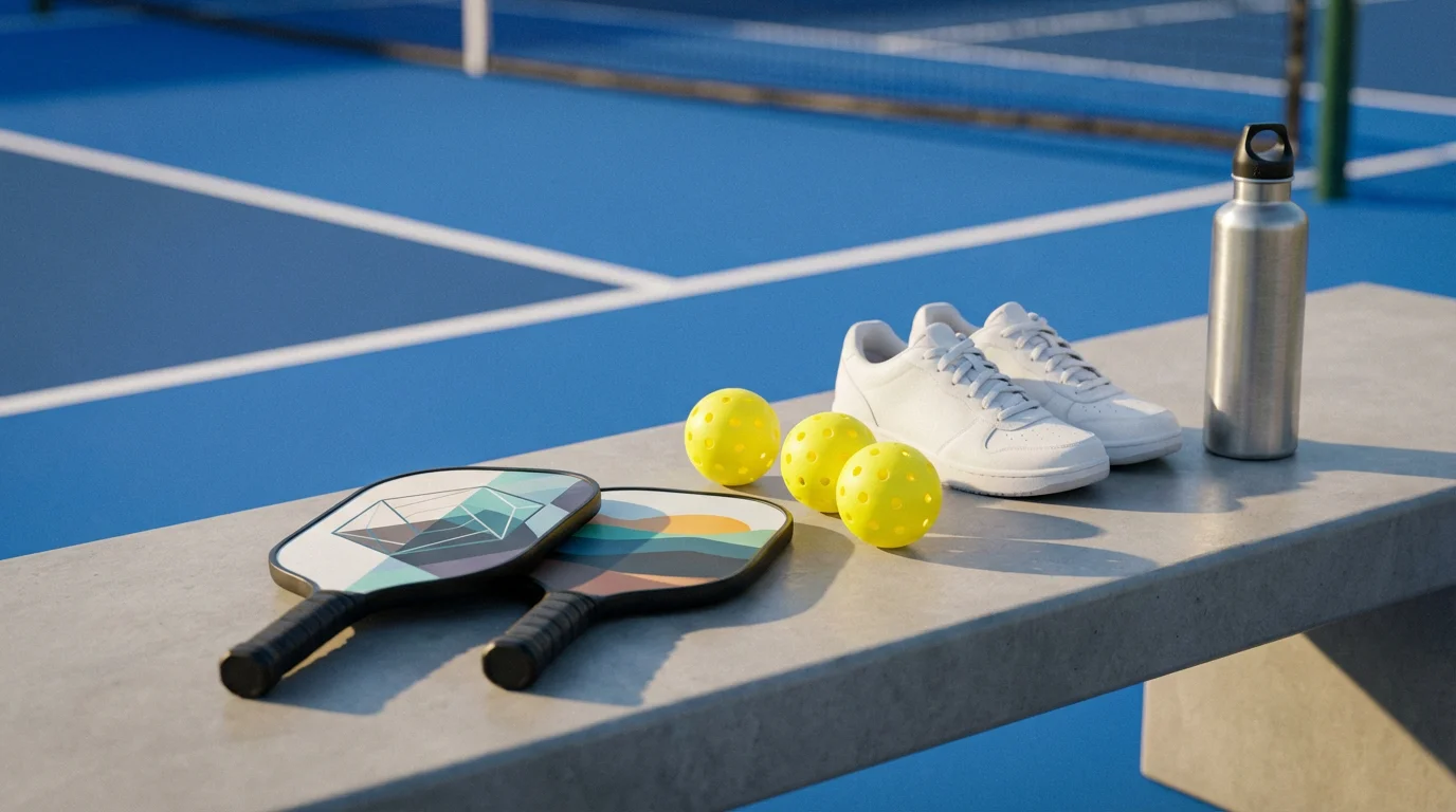 Essential pickleball equipment including paddles, balls, and shoes neatly arranged on a concrete bench.
