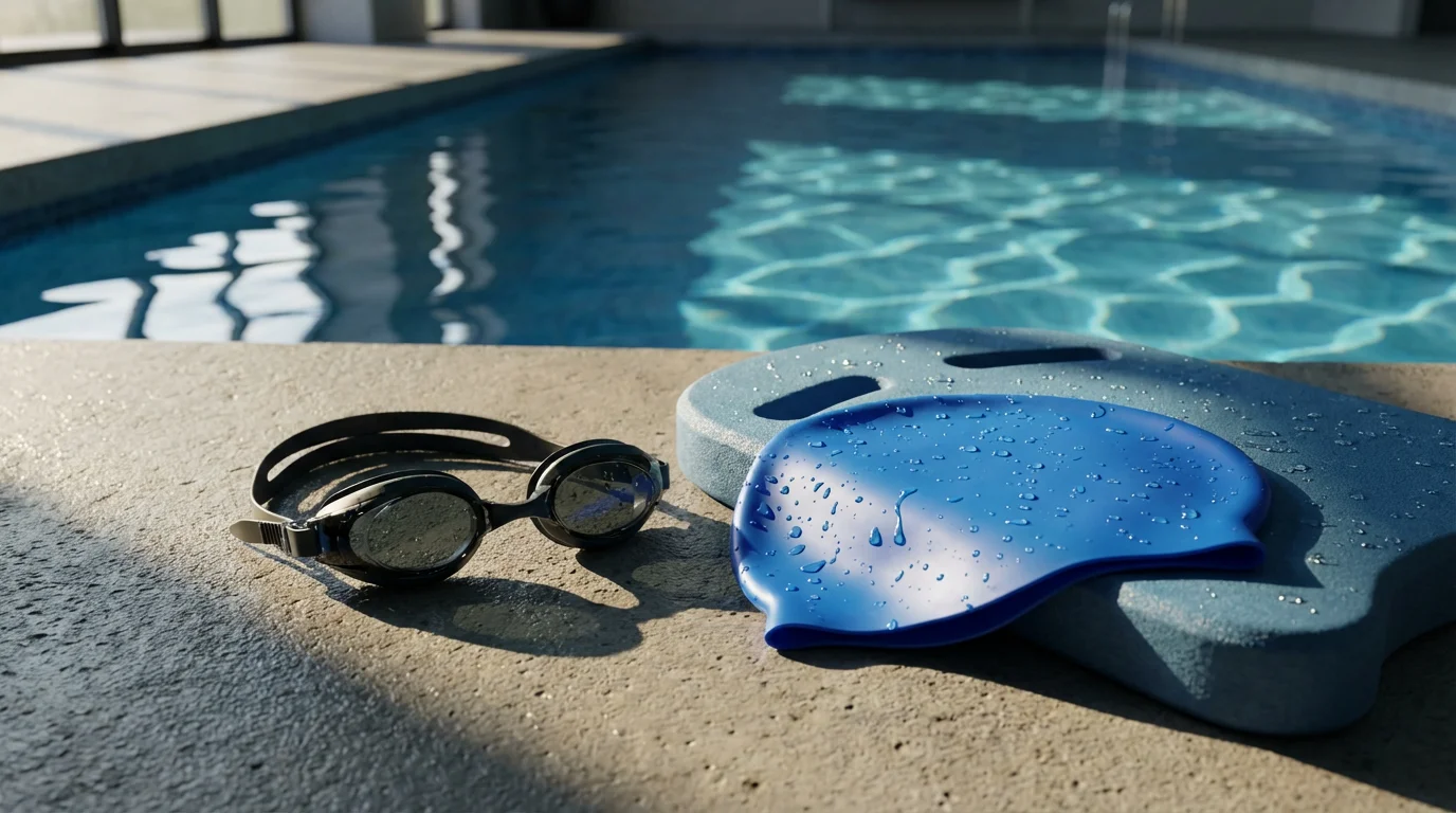 Essential swimming gear including goggles, a swim cap, and a kickboard resting beside a pool.